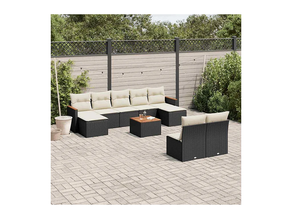 Salon de jardin 10 pcs avec coussins noir résine tressée