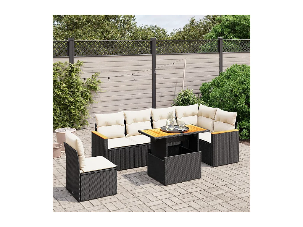Salon de jardin 7 pcs avec coussins noir résine tressée