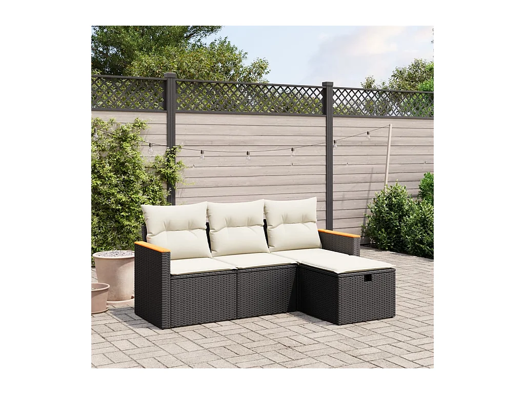 4-delige Loungeset met kussens poly rattan zwart