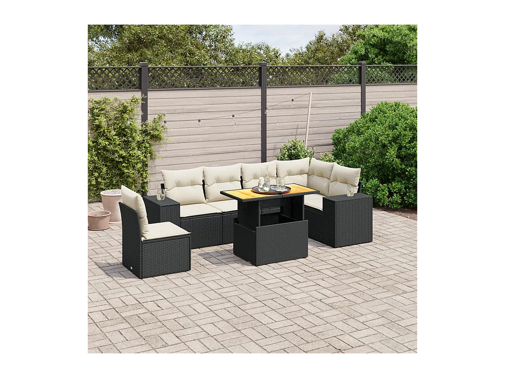 Salon de jardin 7 pcs avec coussins noir résine tressée