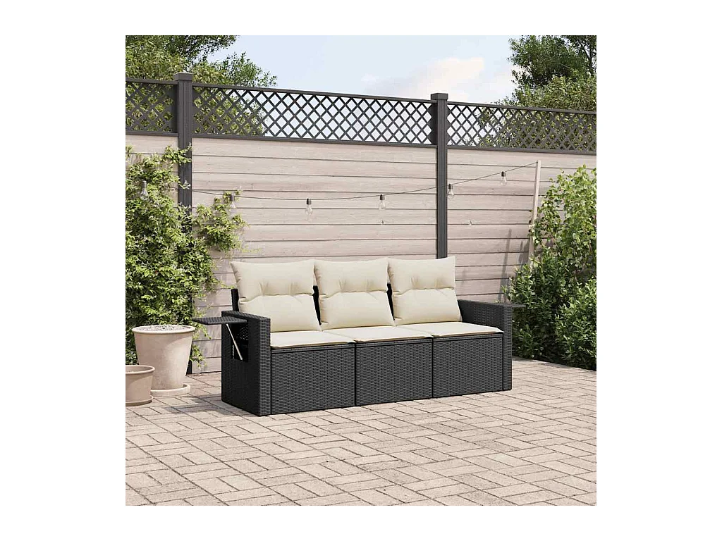 3-tlg. Garten-Sofagarnitur mit Kissen Schwarz Poly Rattan