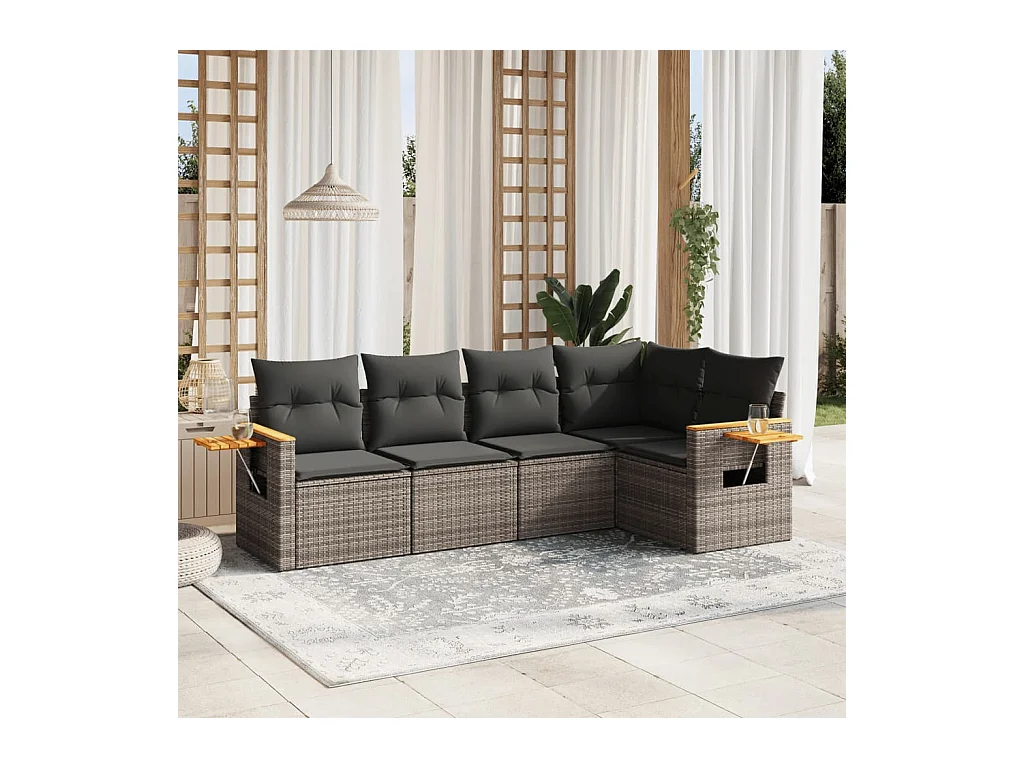 Salon de jardin 5 pcs avec coussins gris résine tressée