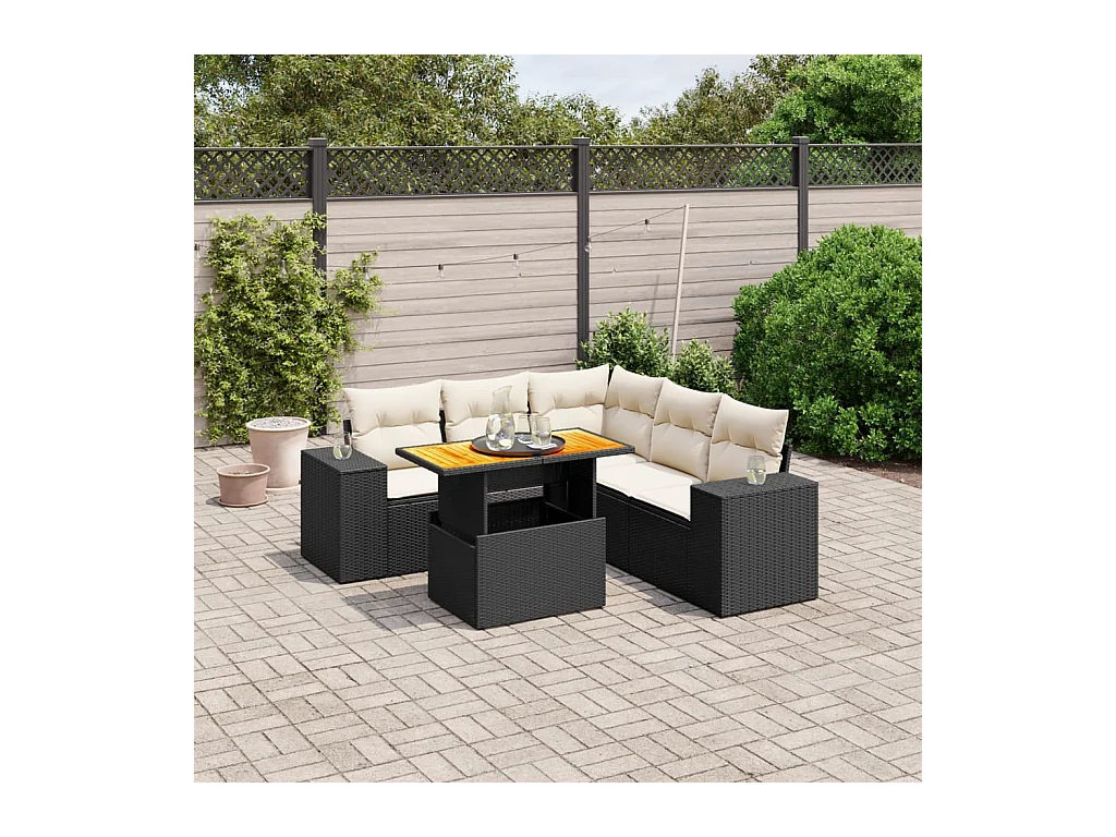 Salon de jardin 6 pcs avec coussins noir résine tressée