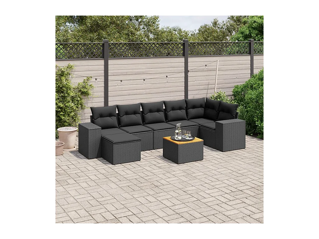 Salon de jardin 8 pcs avec coussins noir résine tressée