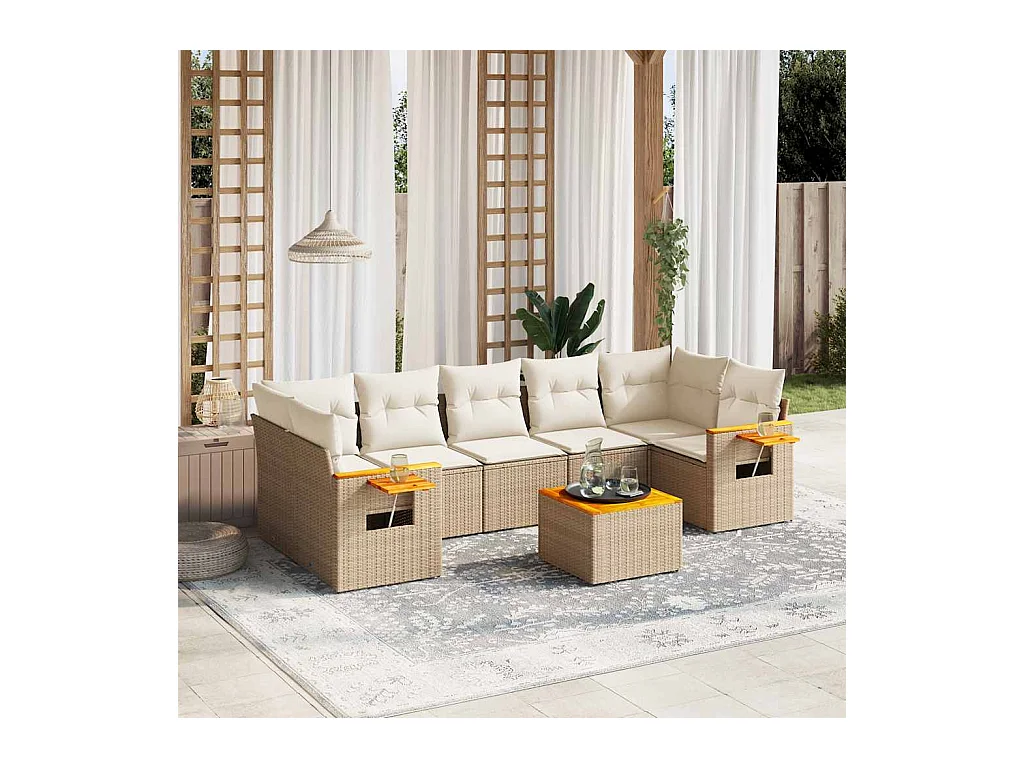 Salon de jardin avec coussins 8 pcs beige résine tressée