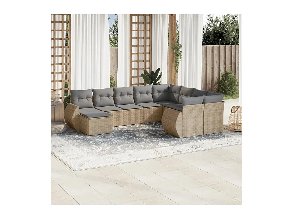 Salon de jardin avec coussins 10 pcs beige résine tressée