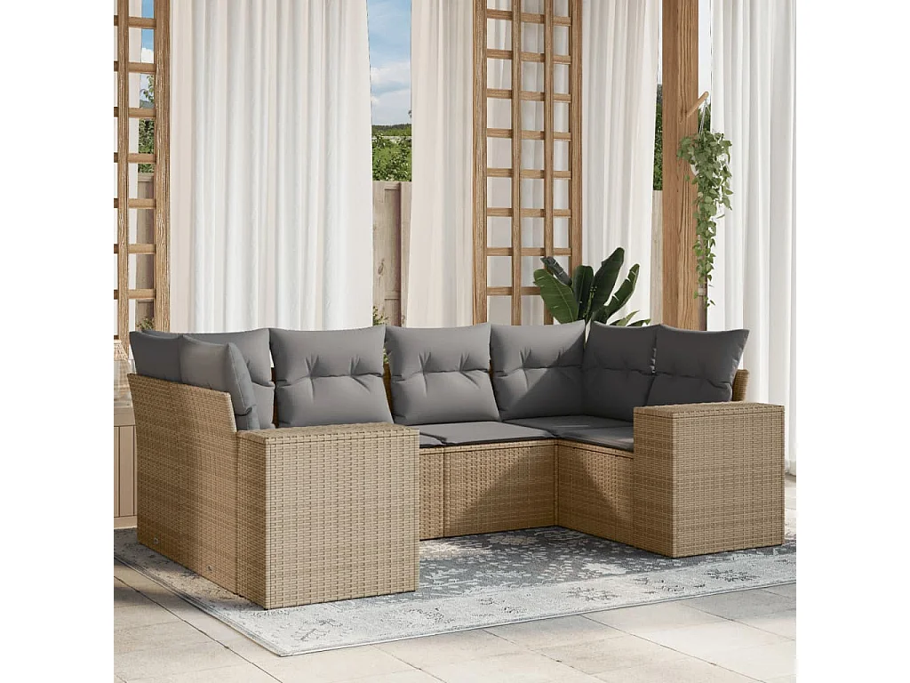 Set Divano da Giardino 6 pz con Cuscini Beige in Polyrattan
