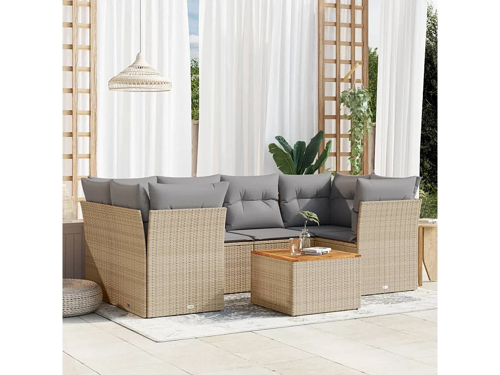 Set Divano da Giardino 7 pz con Cuscini Beige Misto Polyrattan