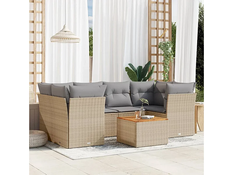 Set Divano da Giardino 7 pz con Cuscini Beige Misto Polyrattan