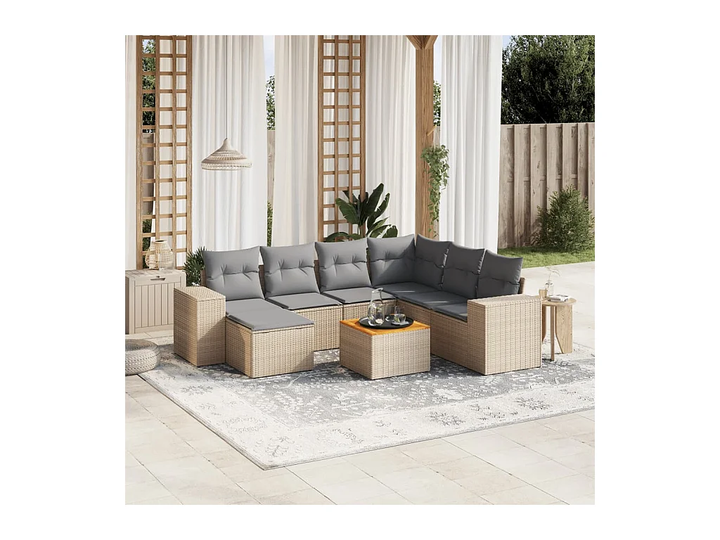 8-delige Loungeset met kussens poly rattan beige