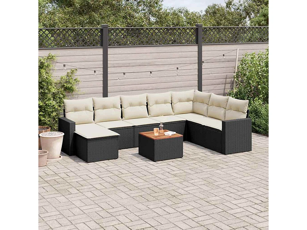 Salon de jardin 9 pcs avec coussins noir résine tressée