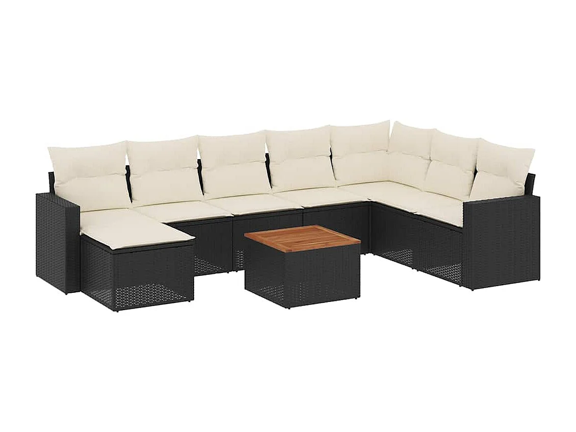Salon de jardin 9 pcs avec coussins noir résine tressée