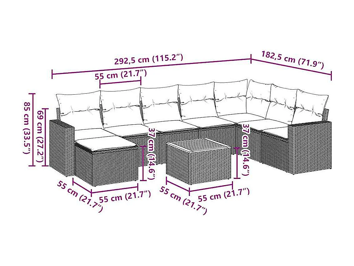 Salon de jardin 9 pcs avec coussins noir résine tressée