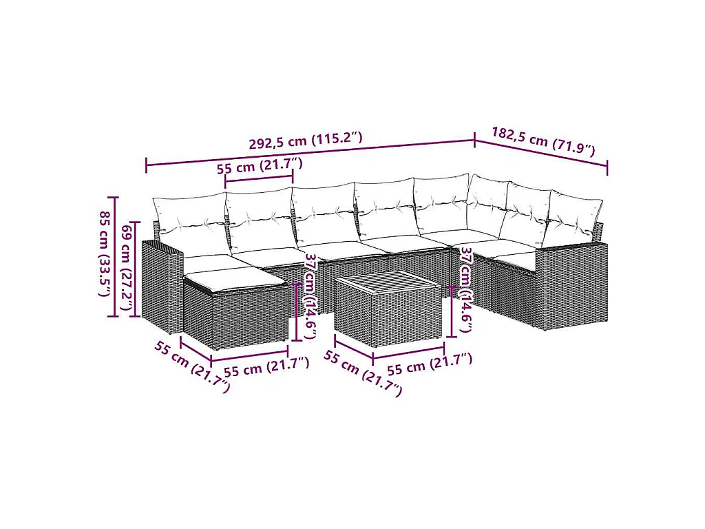Set Divani da Giardino 9 pz con Cuscini Nero in Polyrattan