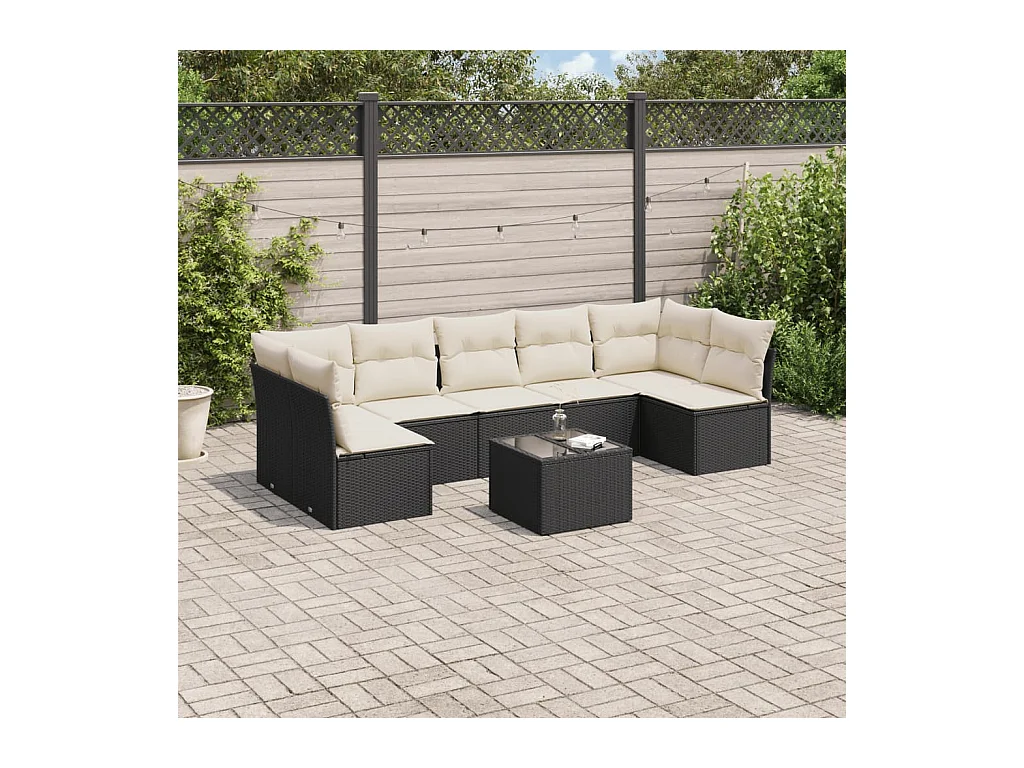 Set de sofás de jardín 8 piezas y cojines ratán sintético negro