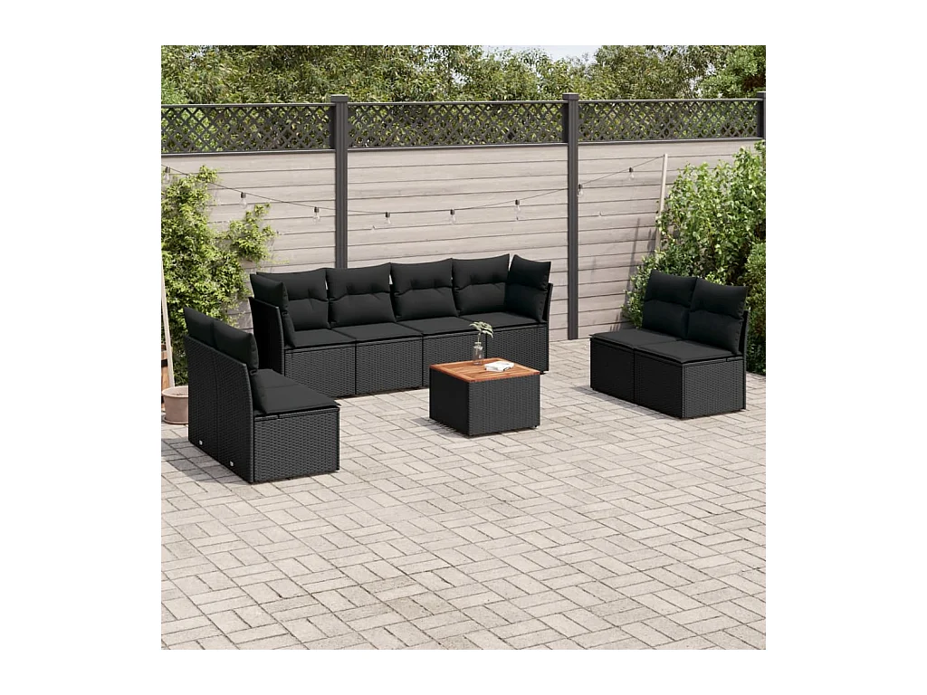 Salon de jardin 9 pcs avec coussins noir résine tressée