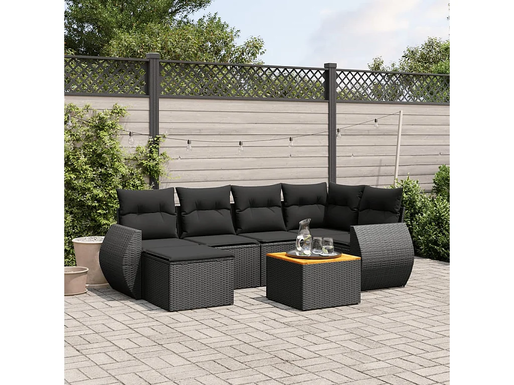 Salon de jardin 7 pcs avec coussins noir résine tressée