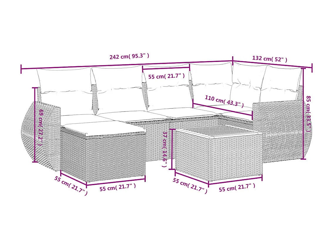 Salon de jardin 7 pcs avec coussins noir résine tressée