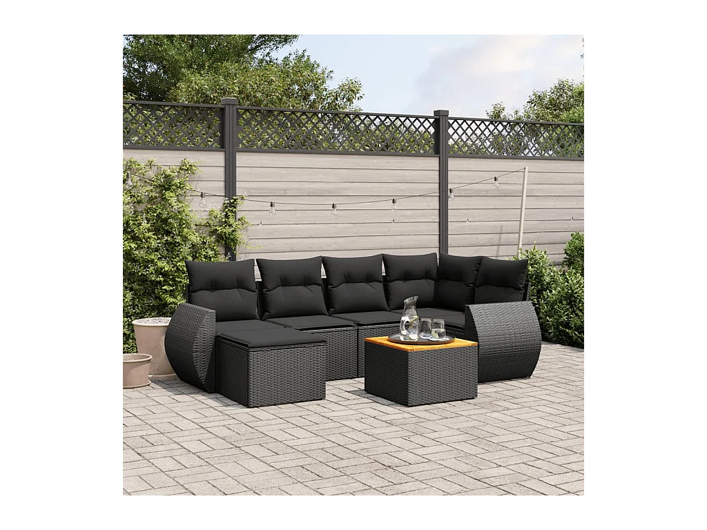 Set de comedor de jardín 7 pzas y cojines ratán sintético negro