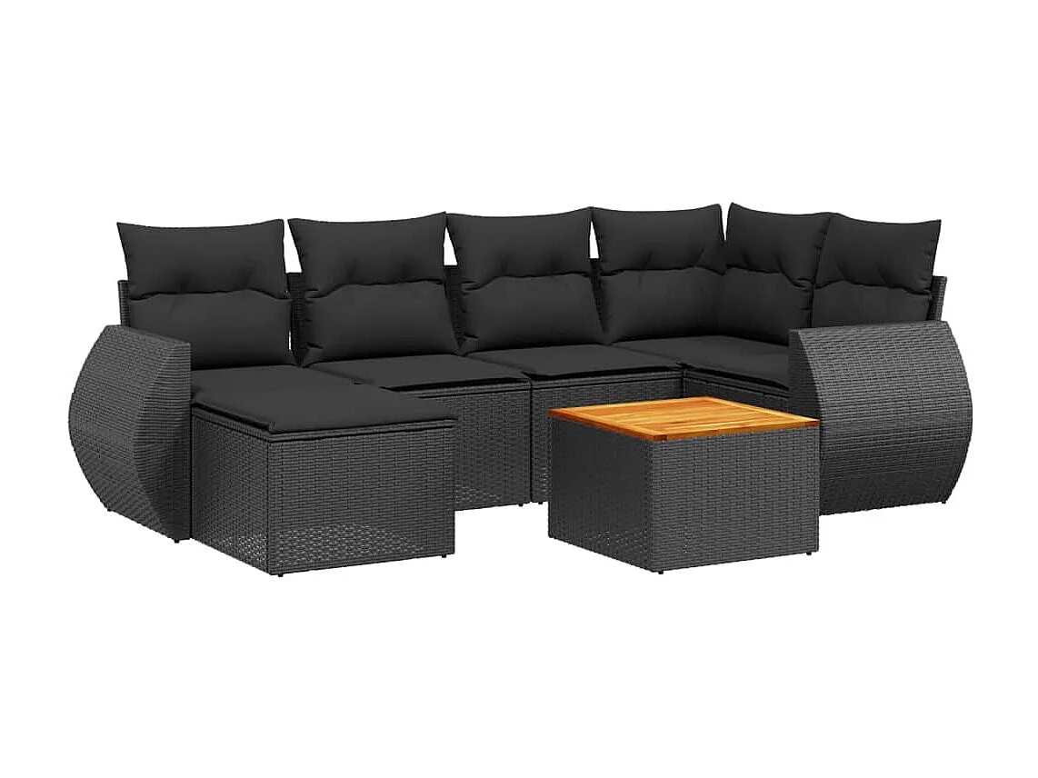 7 pcs conjunto de sofás p/ jardim c/ almofadões vime PE preto