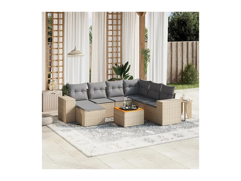 8-delige Loungeset met kussens poly rattan beige