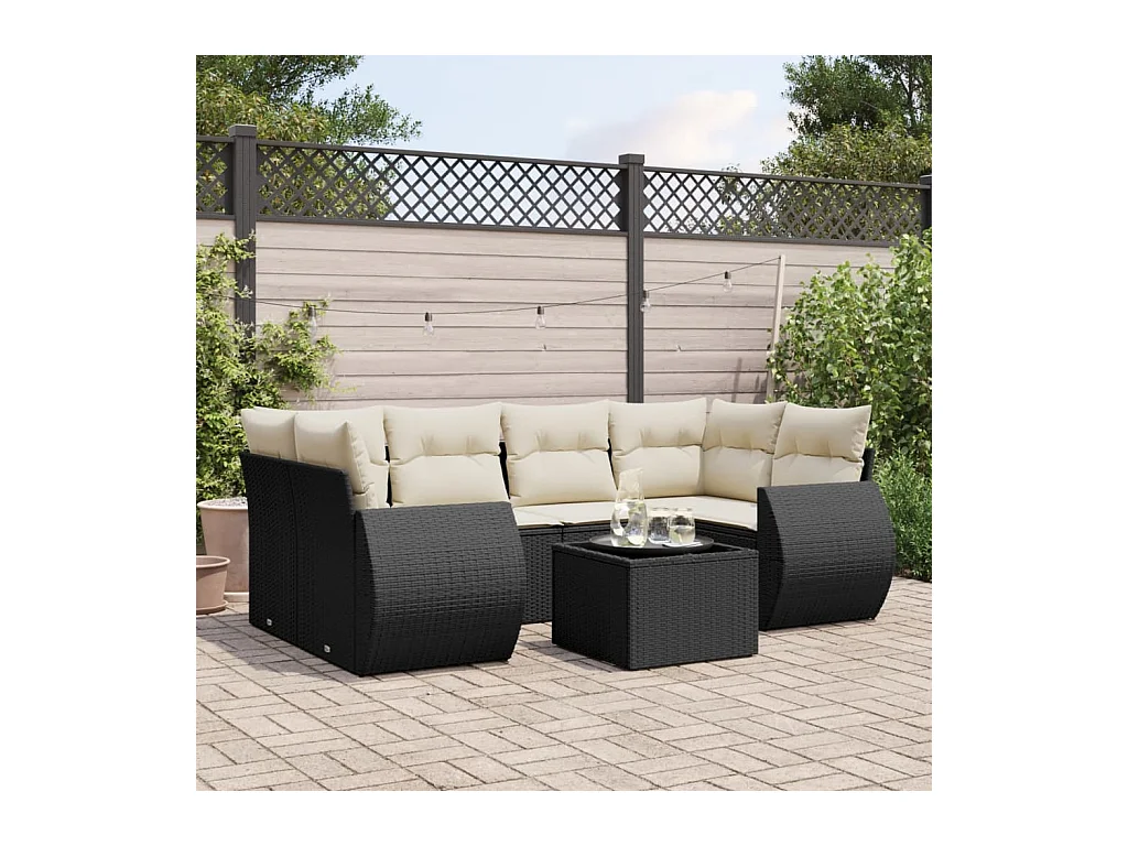 Set de comedor de jardín 7 pzas y cojines ratán sintético negro
