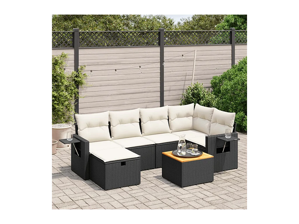 7-tlg. Garten-Sofagarnitur mit Kissen Schwarz Poly Rattan