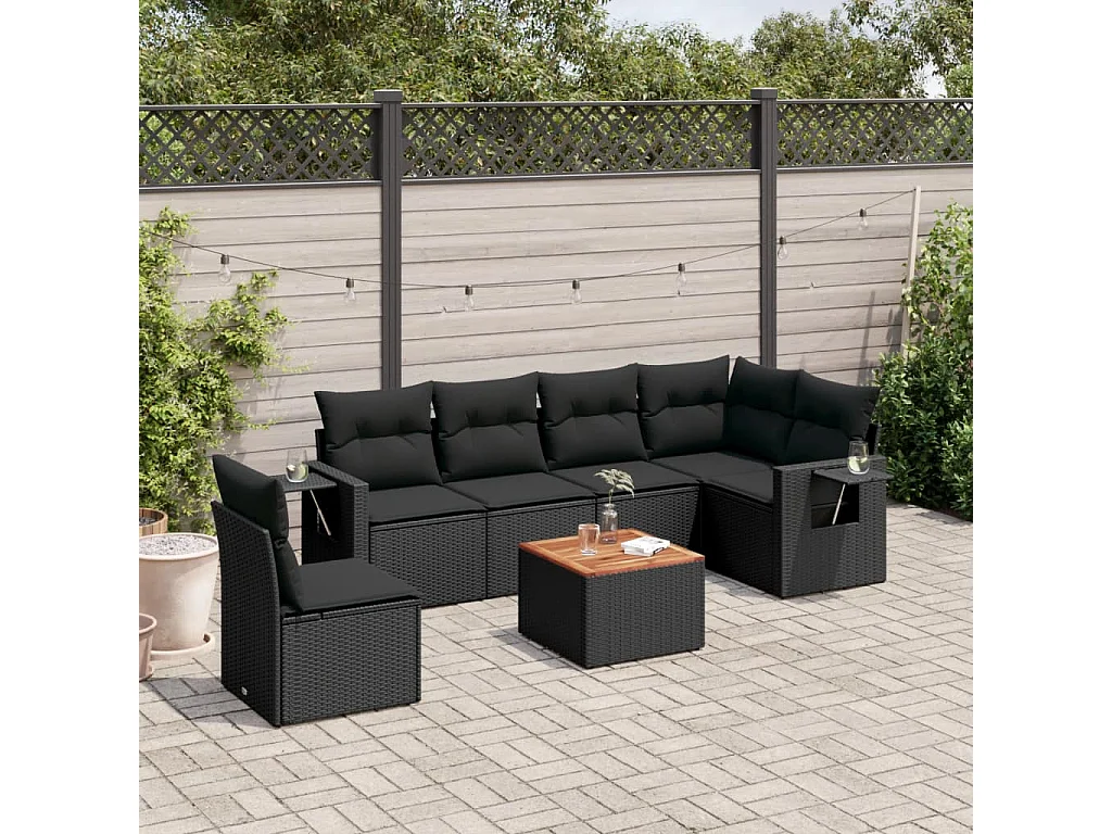 Set Divani da Giardino con Cuscini 7pz Nero Polyrattan