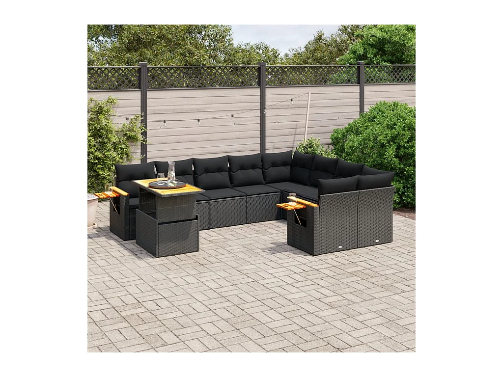 Salon de jardin 10 pcs avec coussins noir résine tressée