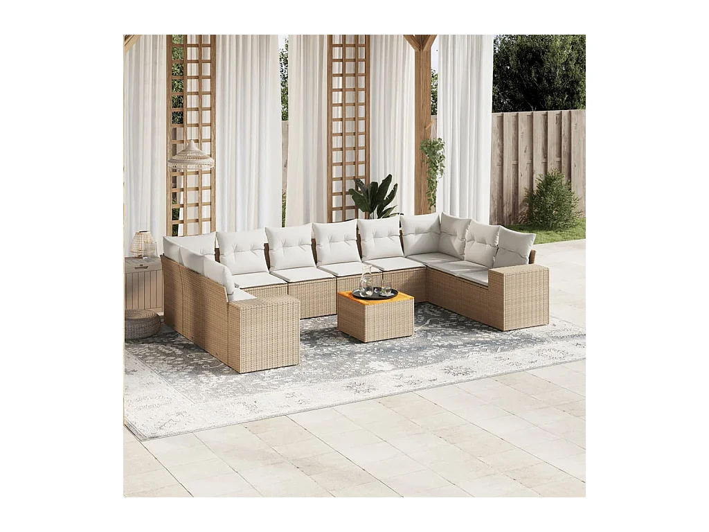 11-tlg. Garten-Sofagarnitur mit Kissen Beige Poly Rattan