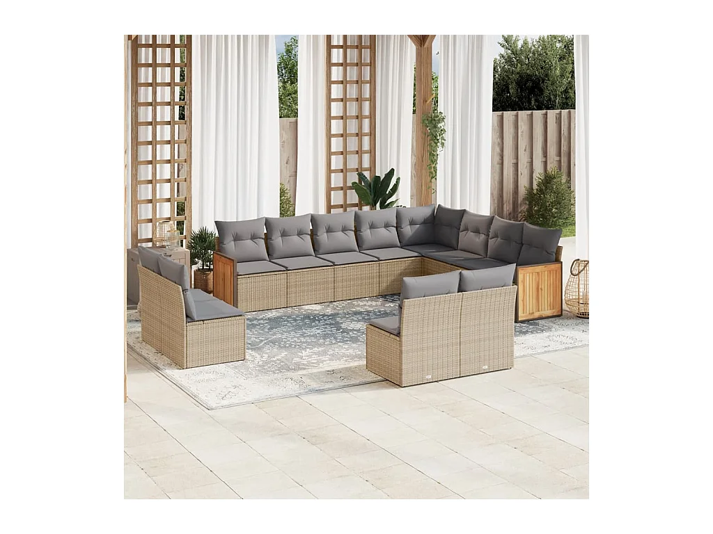 Salon de jardin avec coussins 12 pcs beige résine tressée