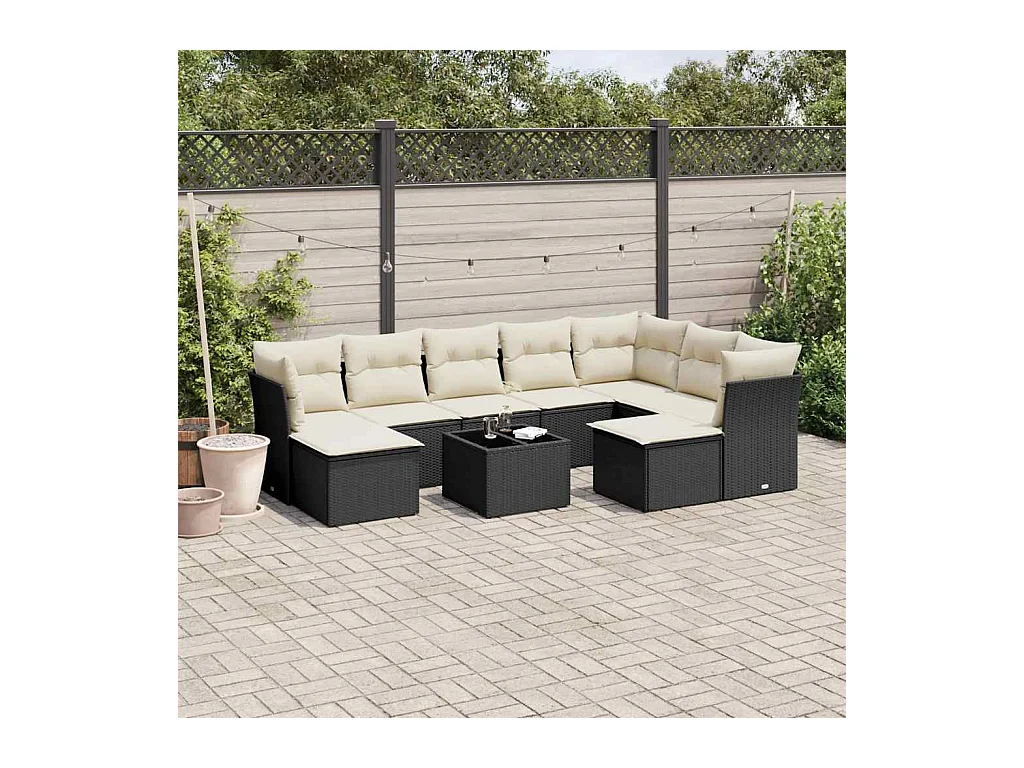 Salon de jardin 10 pcs avec coussins noir résine tressée