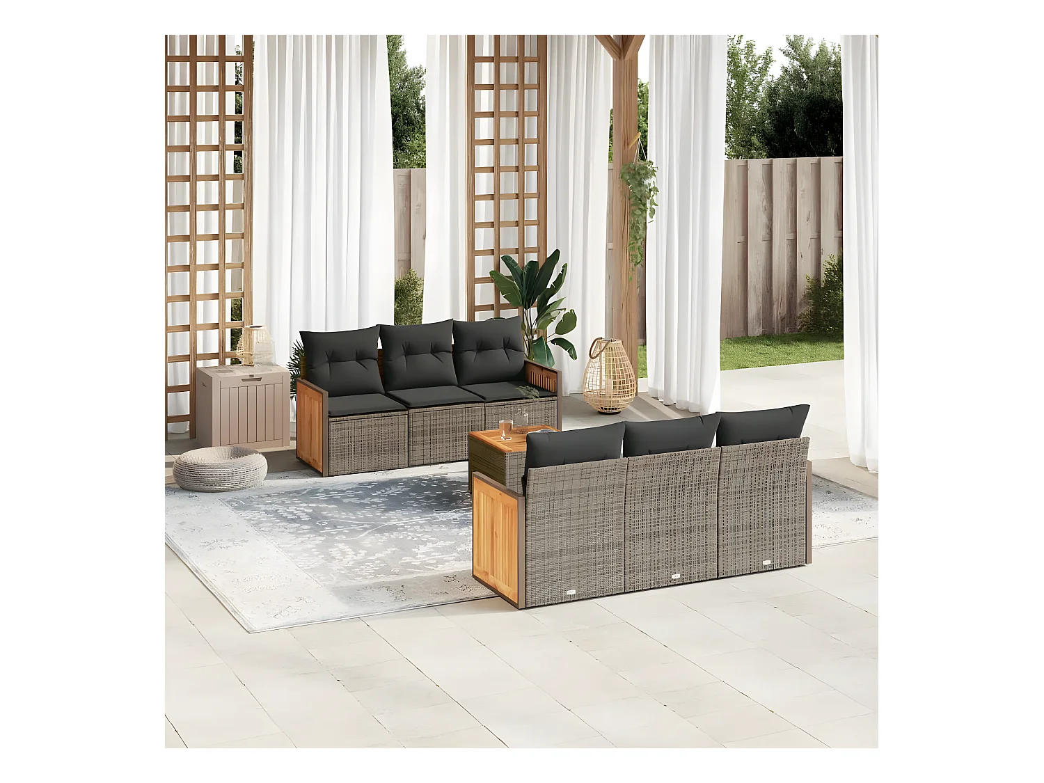 Salon de jardin avec coussins 7 pcs gris résine tressée