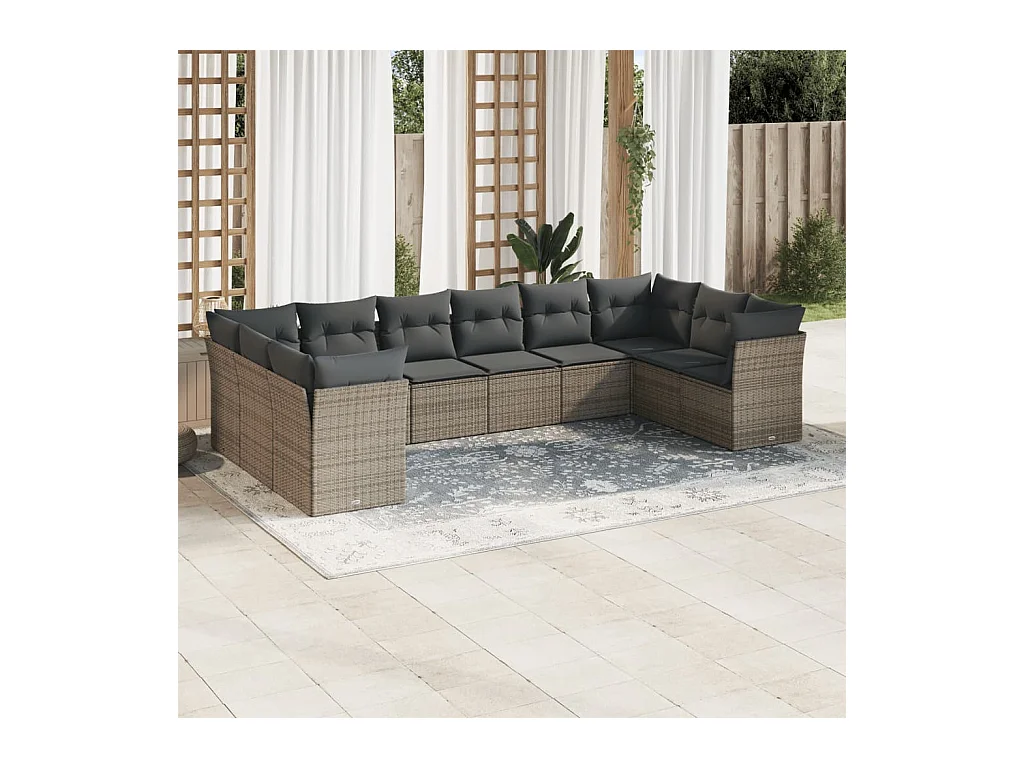 Salon de jardin avec coussins 10 pcs gris résine tressée
