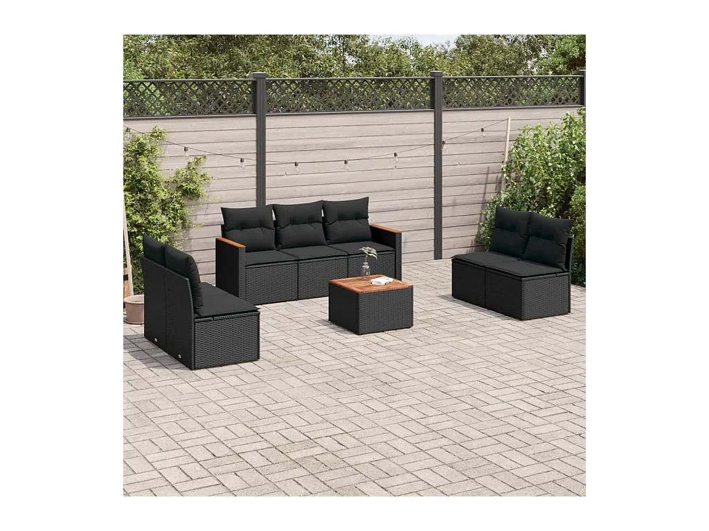 Set de sofás de jardín 8 piezas y cojines ratán sintético negro