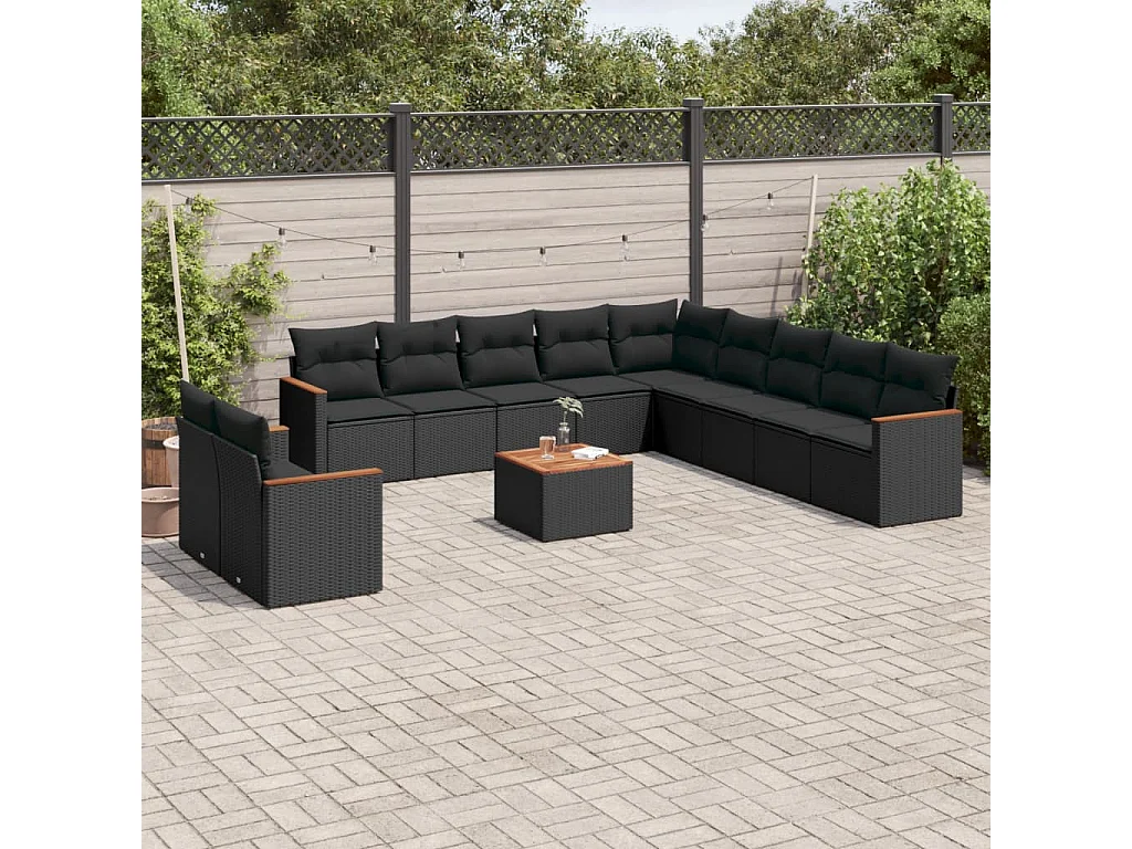 Salon de jardin 12 pcs avec coussins noir résine tressée