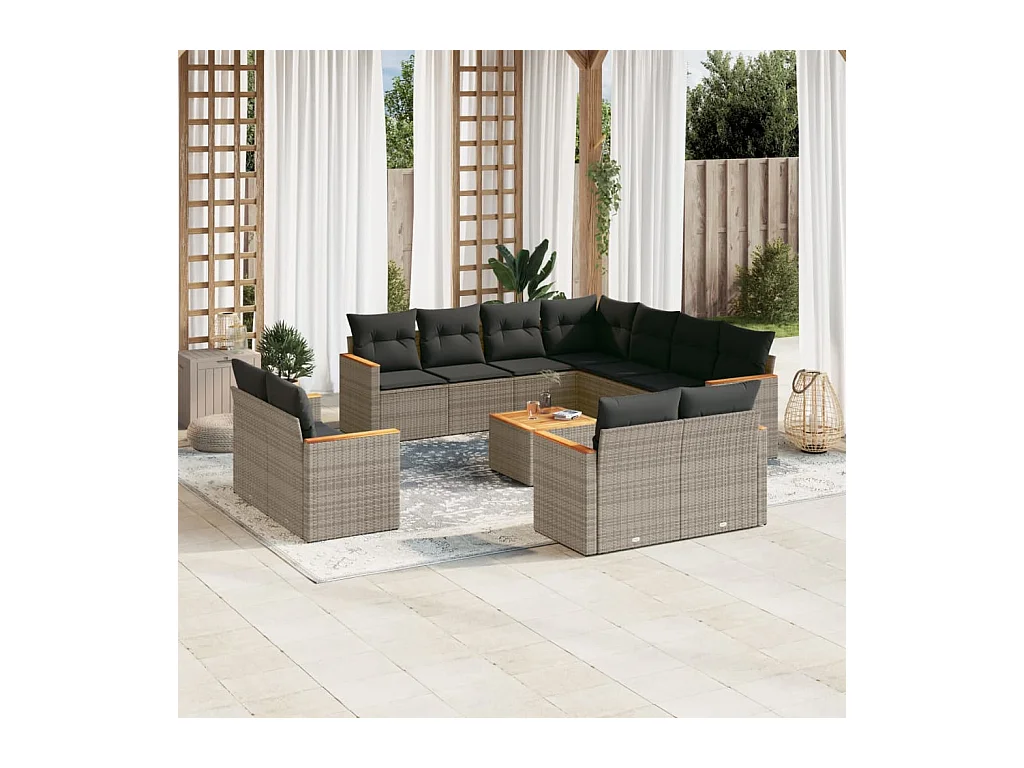 12-tlg. Garten-Sofagarnitur mit Kissen Grau Poly Rattan