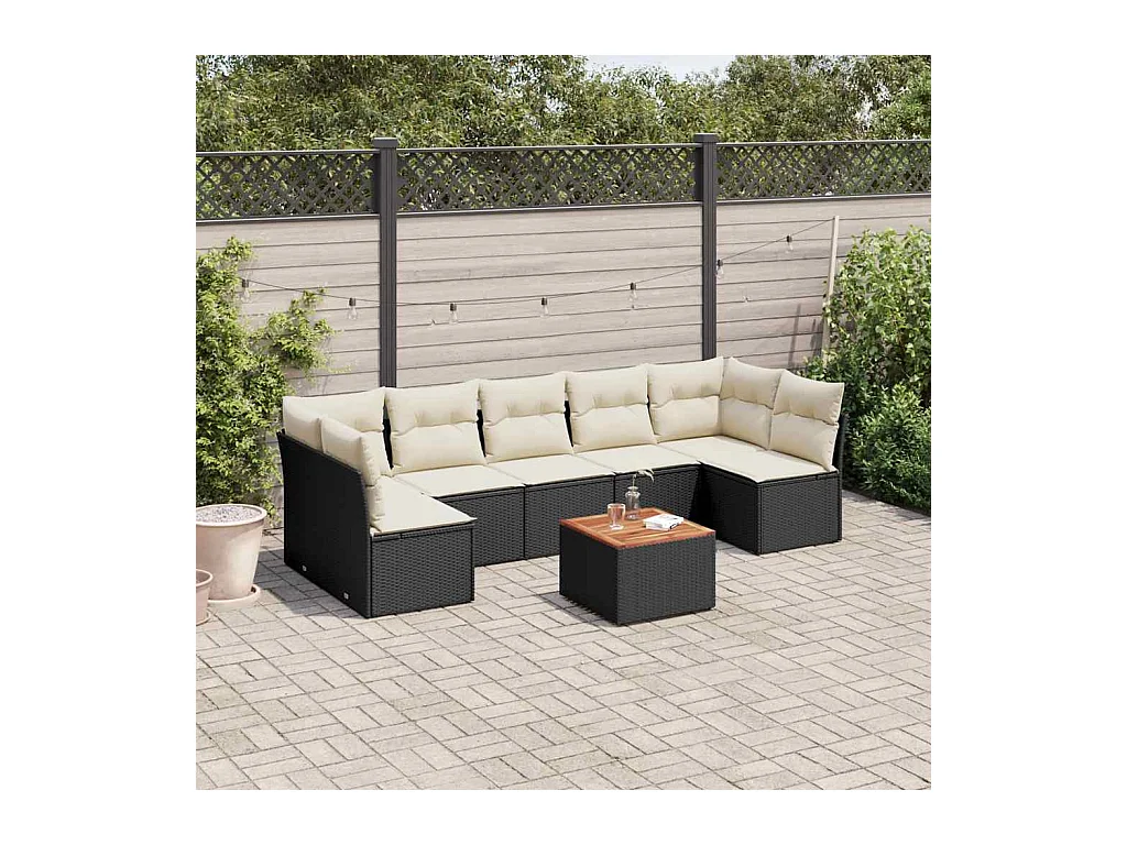 Salon de jardin 8 pcs avec coussins noir résine tressée