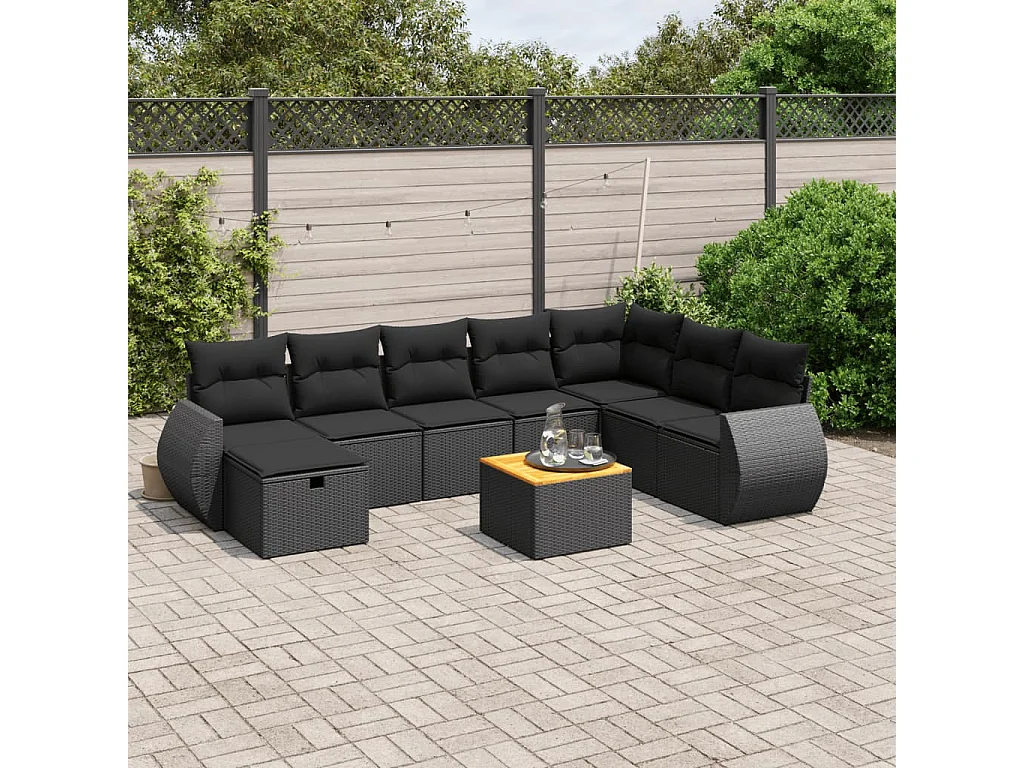 Salon de jardin 9 pcs avec coussins noir résine tressée