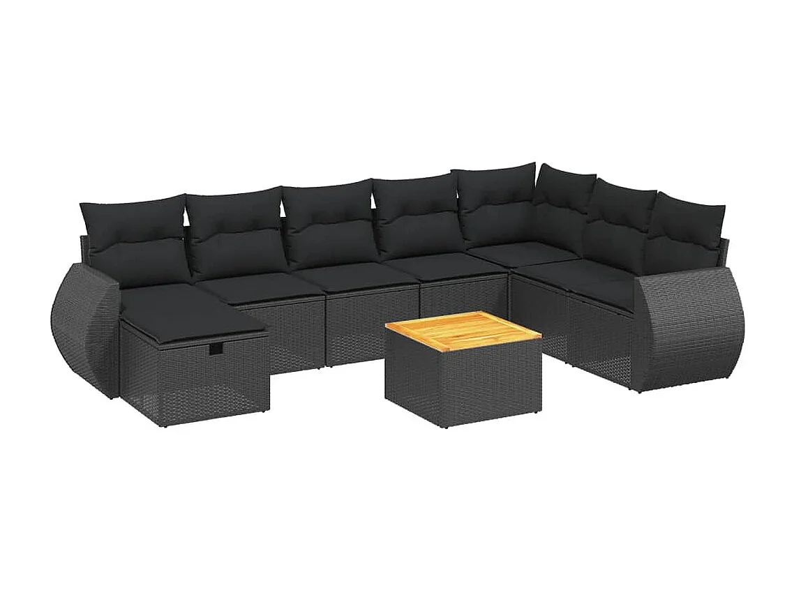 Salon de jardin 9 pcs avec coussins noir résine tressée