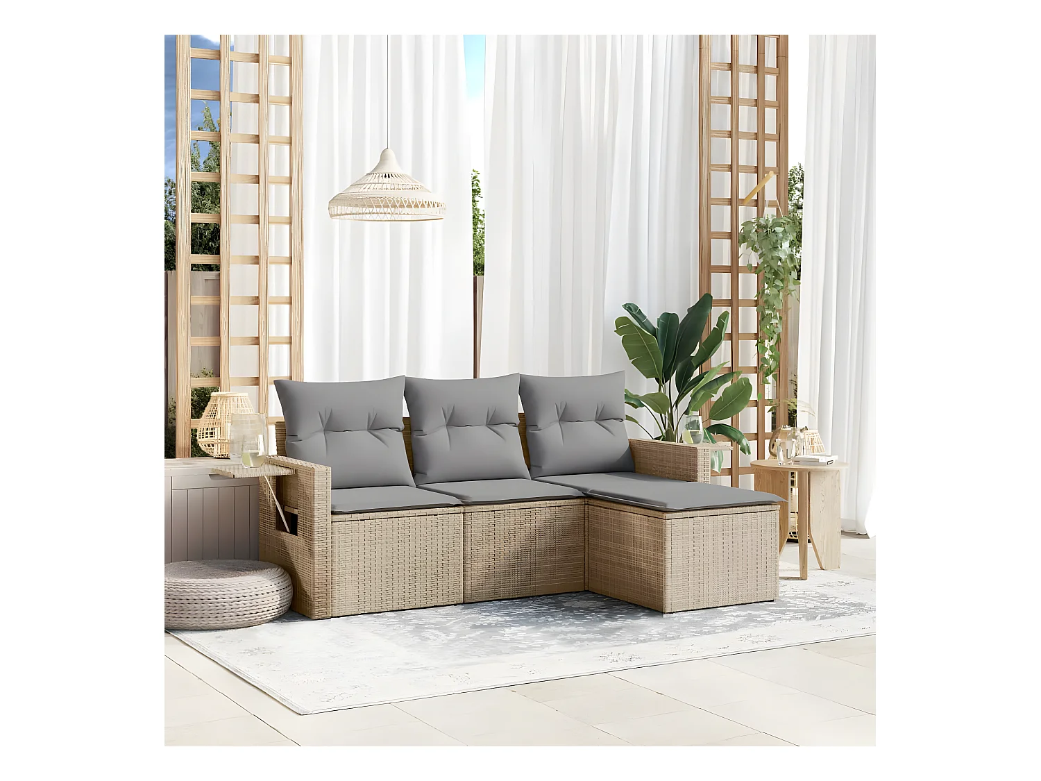 4-tlg. Garten-Sofagarnitur mit Kissen Beige Poly Rattan