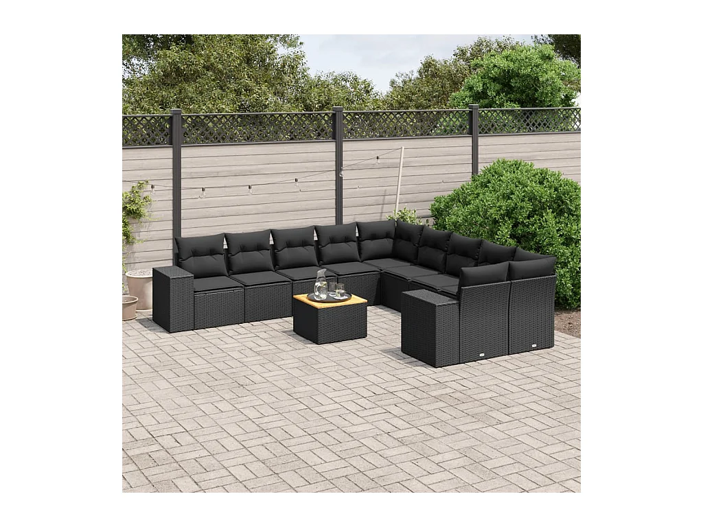 11-delige Loungeset met kussens poly rattan zwart