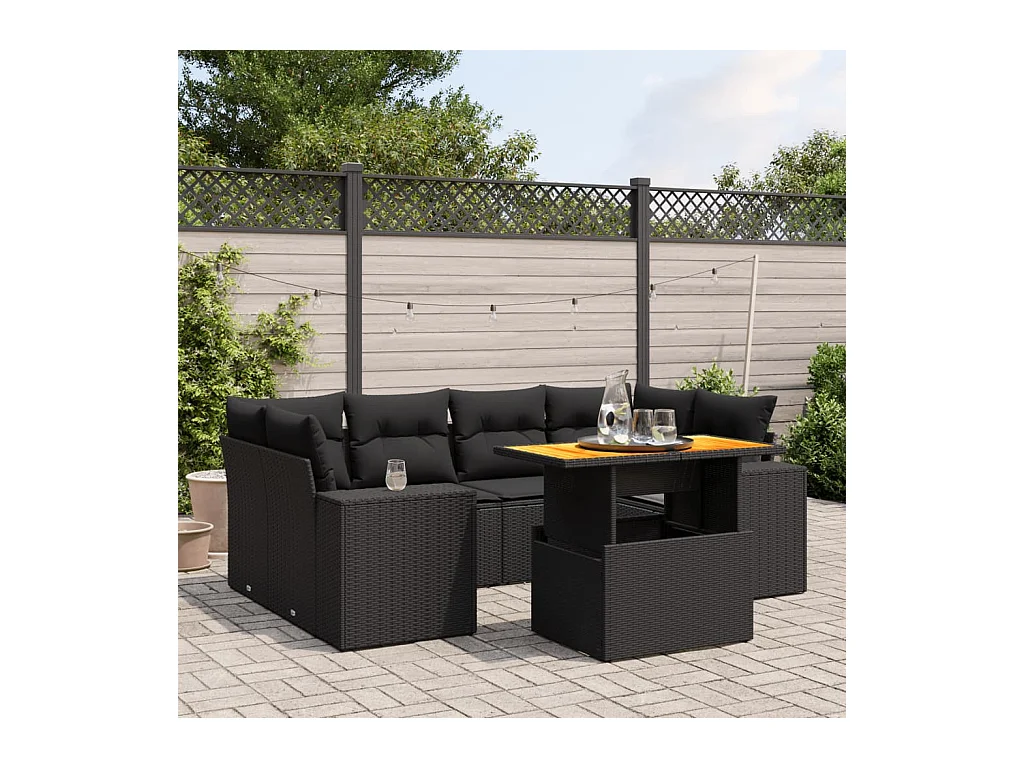 Salon de jardin 7 pcs avec coussins noir résine tressée