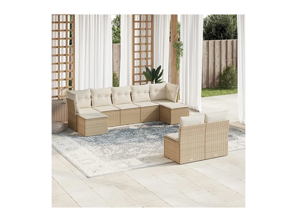 Salon de jardin avec coussins 9 pcs beige résine tressée