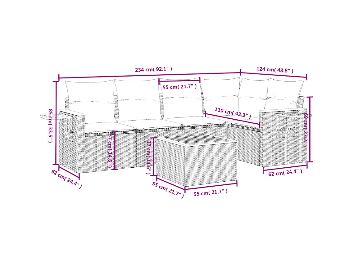 6-tlg. Garten-Sofagarnitur mit Kissen Grau Poly Rattan