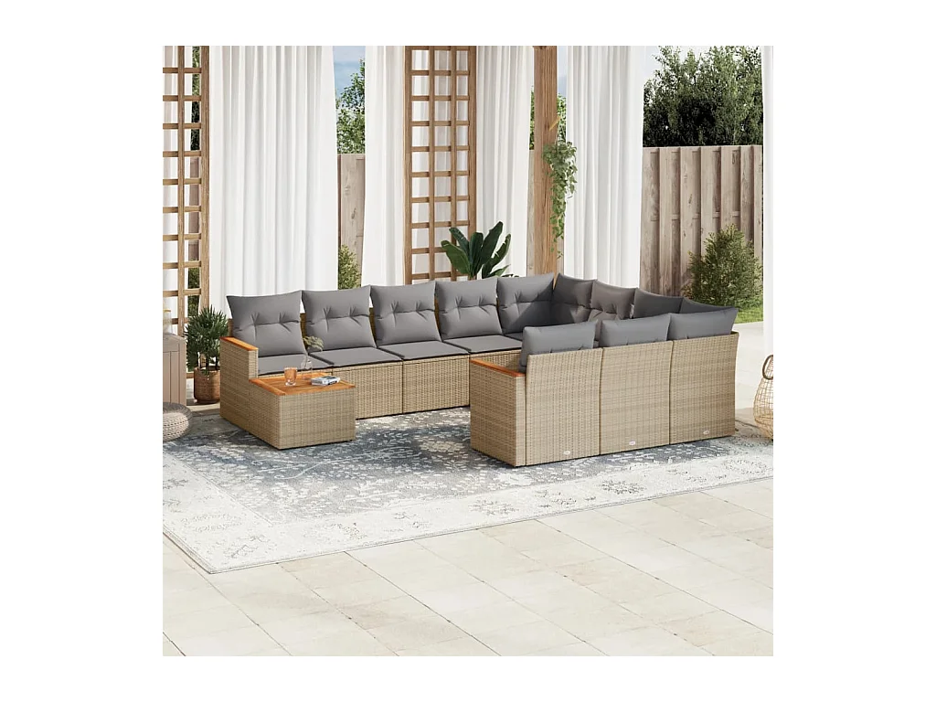 Salon de jardin et coussins 11 pcs mélange beige résine tressée