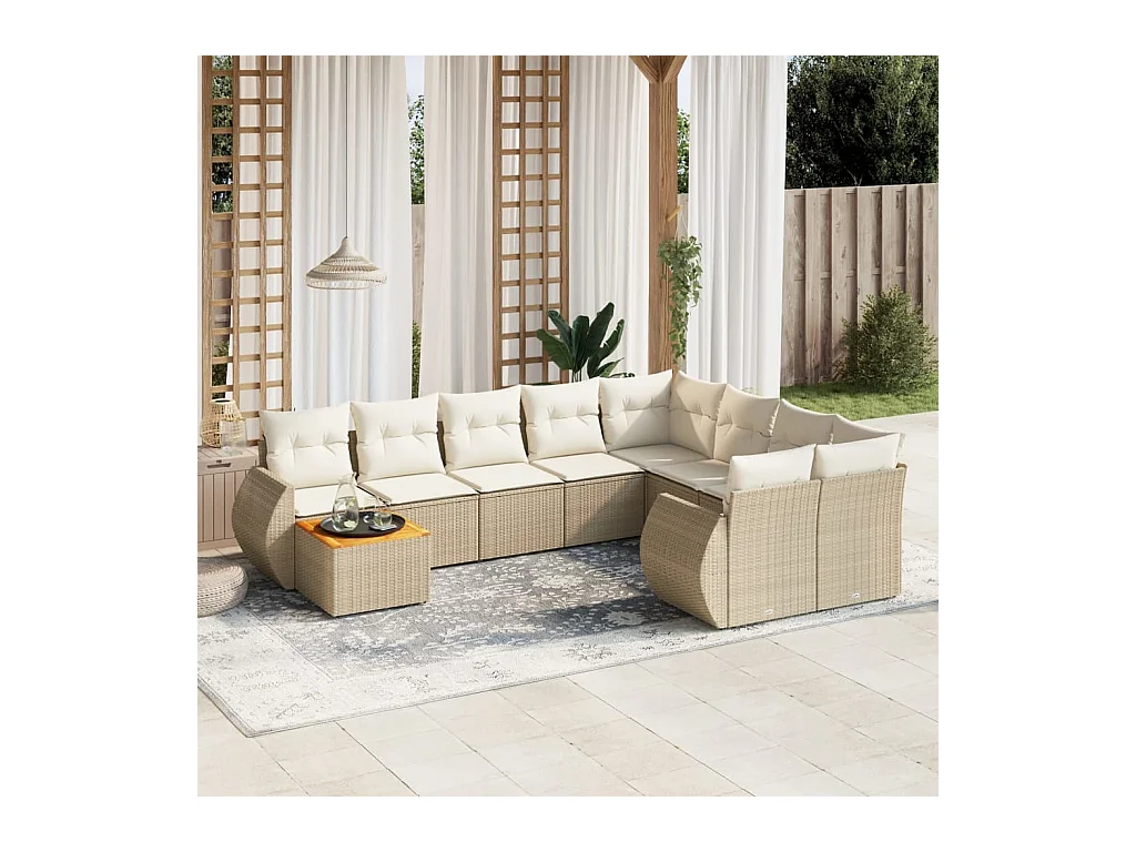 Salon de jardin avec coussins 10 pcs beige résine tressée