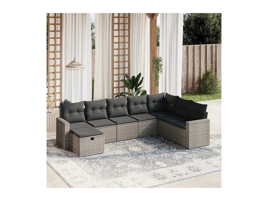 8-delige Loungeset met kussens poly rattan grijs