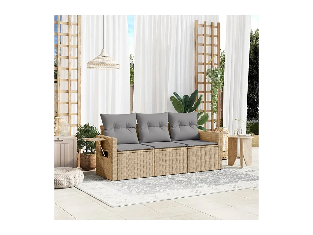 Salon de jardin avec coussins 3 pcs beige résine tressée