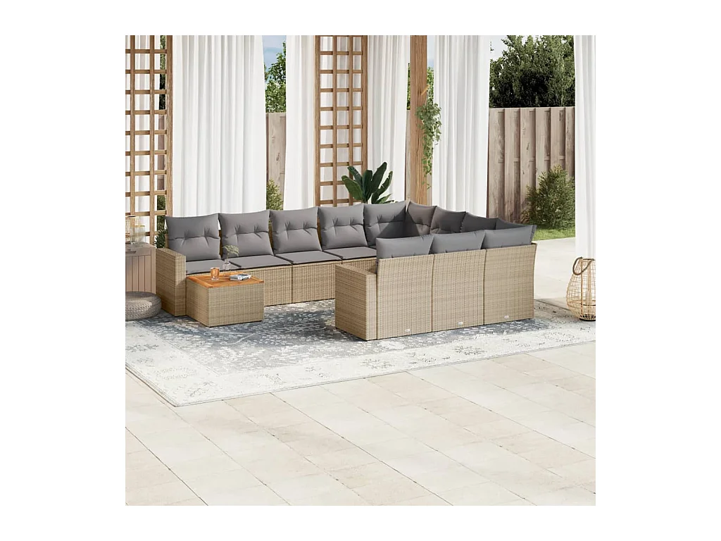 Salon de jardin et coussins 11 pcs mélange beige résine tressée